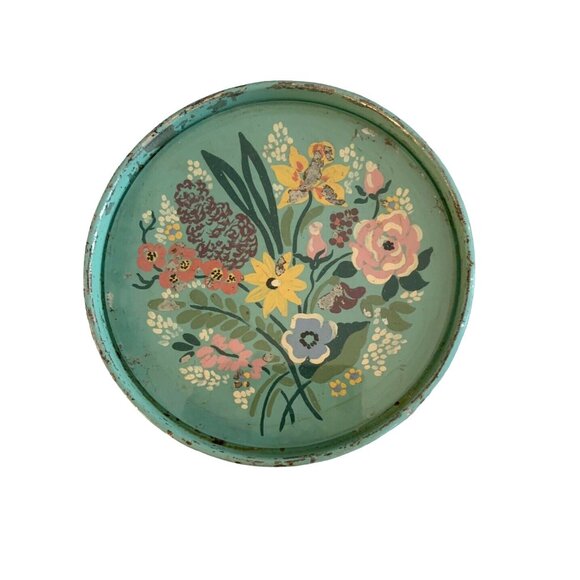 4 Vintage Hand Painted Toleware Robins Egg Blue Floral COASTER SET Metal w Glass - Picture 5 of 8